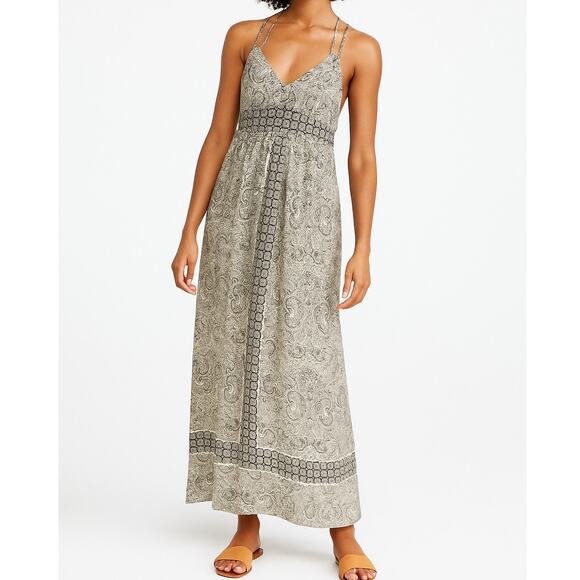 Ann Taylor Loft Maxi Dress Womens 0 Long Boho Bohemian Batik Cream Black Neutral - Picture 1 of 10